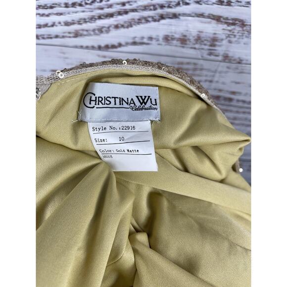 Christina Wu Celebration Dress Womens 10 Gold Sequin Maxi Formal Gown 22916 - Picture 7 of 12